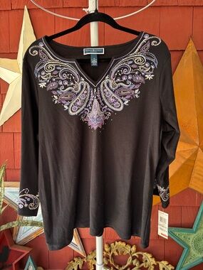 NWT Y2K Karen Scott Embroidered Rhinestone Tunic 3/4 Sleeve Top Plus Size 1X